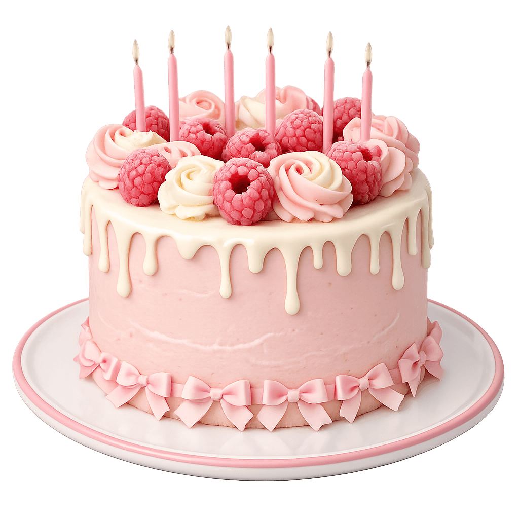 Pink birthday cake with raspberries and six candles for Mafer